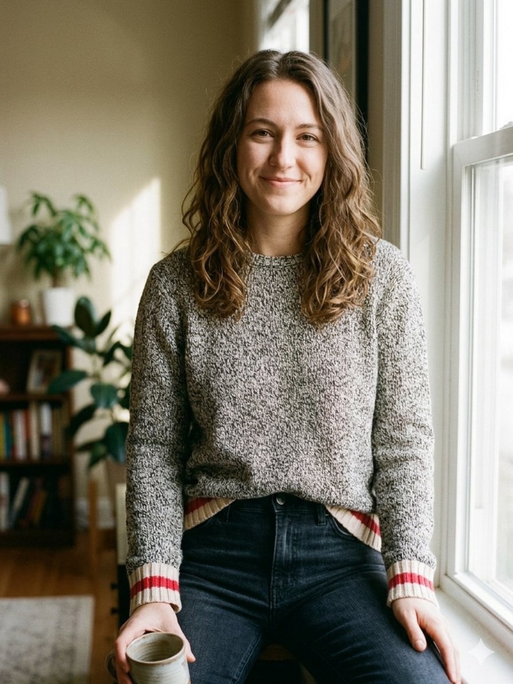 026 Roots Marled Gray Crewneck Sweater with Red and Cream Stripe Cuffs